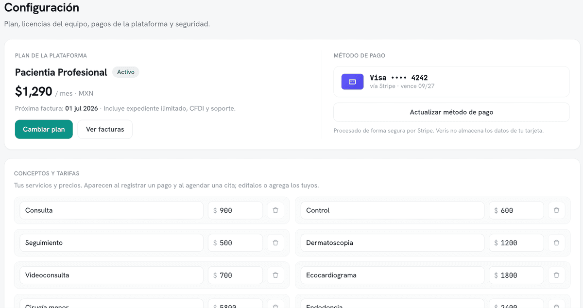 Pantalla de configuración: plan, licencias del equipo y pagos