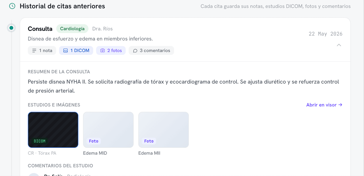 Historial de citas con estudios DICOM y fotos del paciente
