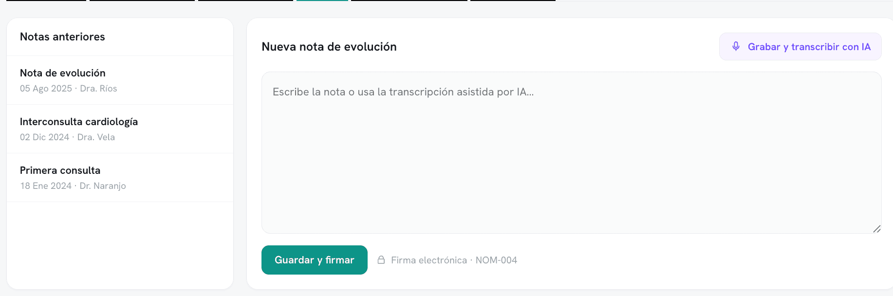 Nota de evolución con transcripción por IA y firma electrónica