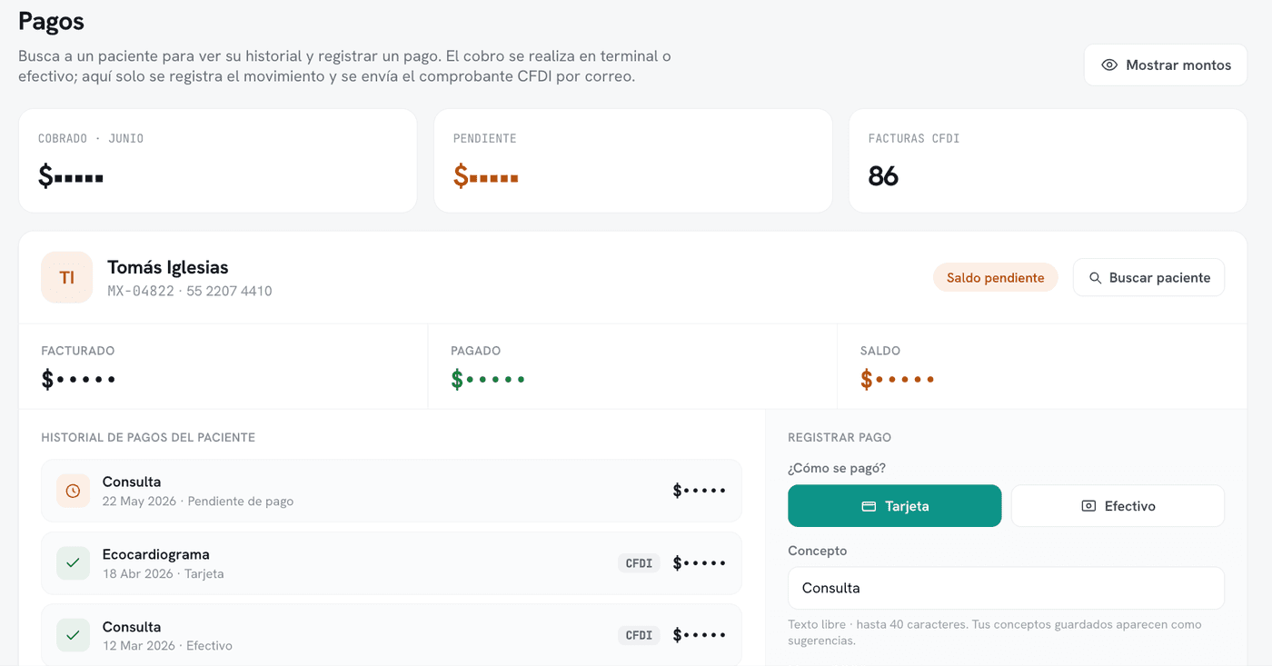 Pagos y cobros de consultas por paciente